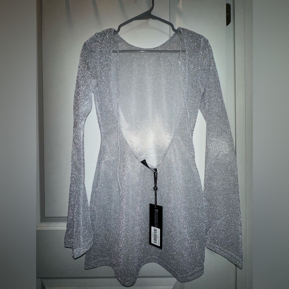 White Fox Rain On Me Long Sleeve Mini Dress Silver